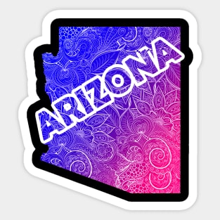 Colorful mandala art map of Arizona with text in blue and violet Sticker